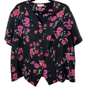 Vintage 90s Jaclyn Smith Plus Floral Button Up Blouse 1X Black Pink Flowercore